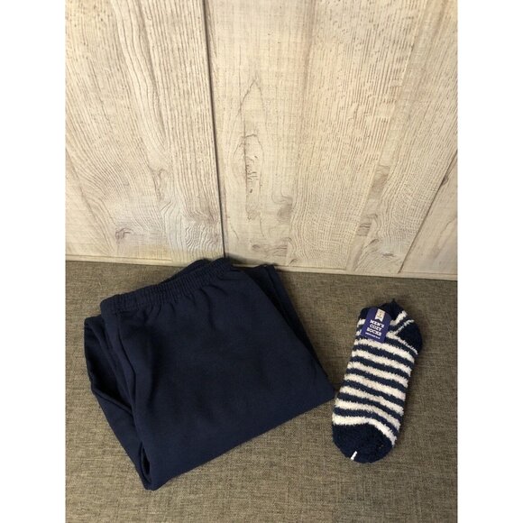 Mens Hanes Navy Blue EcoSmart Open Leg Fleece Pants Large & Striped Fuzzy Socks - Picture 1 of 6